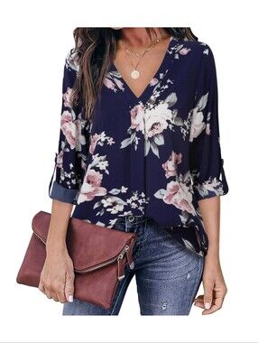 Youtalia V-neck Floral Top Navy Size XL